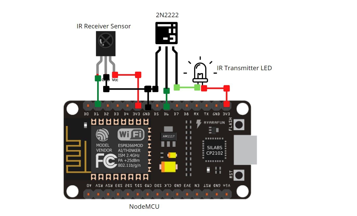 Схематическое подключение NodeMCU к ИК передатчику и приёмнику