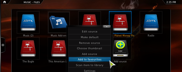 Меню избранного в XBMC с подкастами