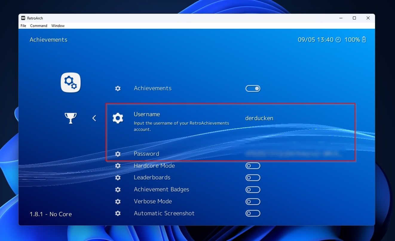 Поля имени пользователя и пароля RetroAchievements в RetroArch