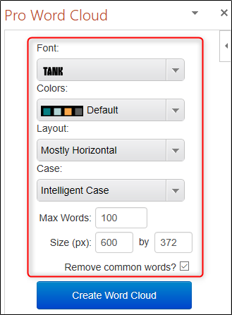 Параметры создания облака слов: шрифт, схема цвета, макет, число слов и размер изображения