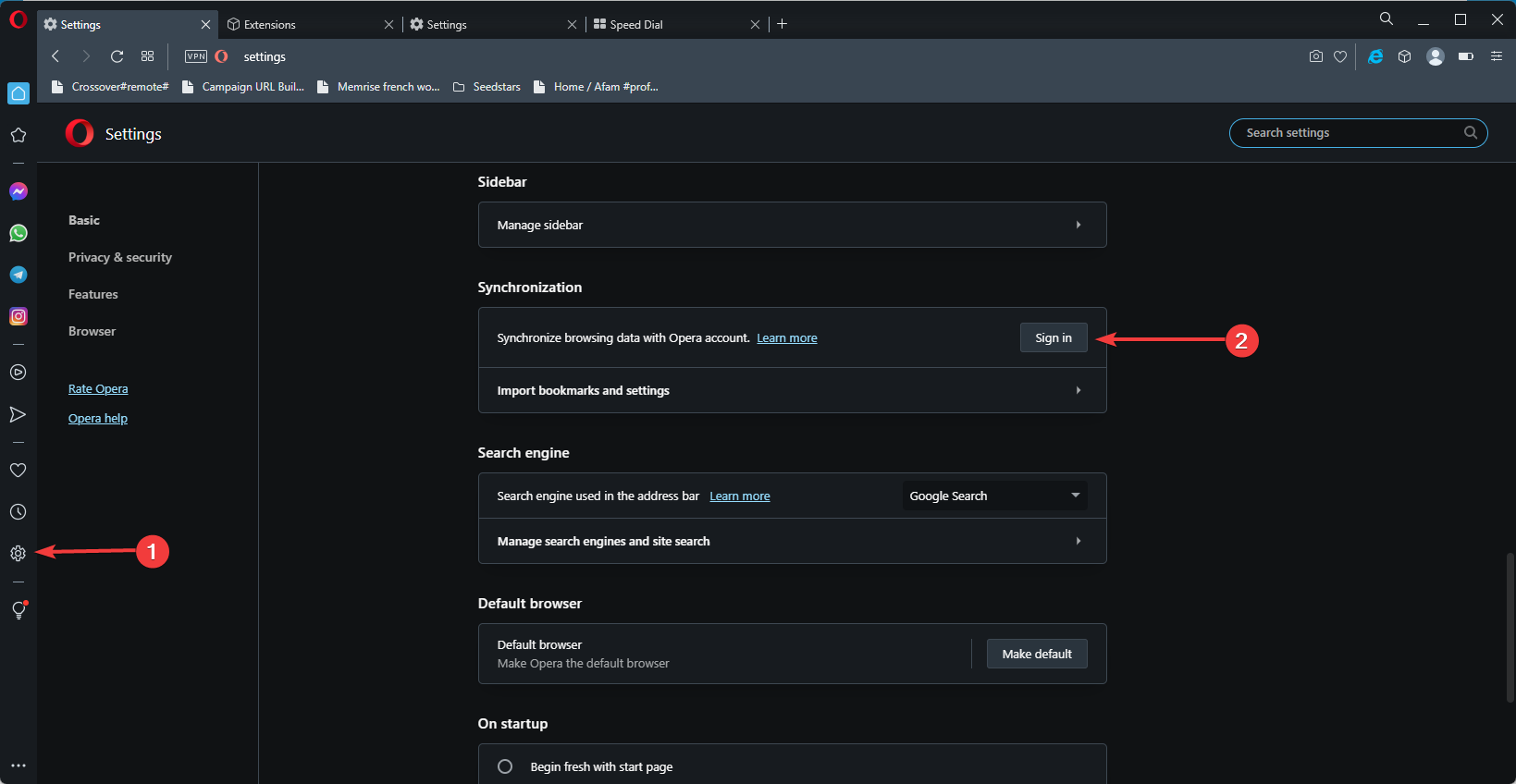 Скриншот: кнопка Войти в разделе Синхронизация Opera