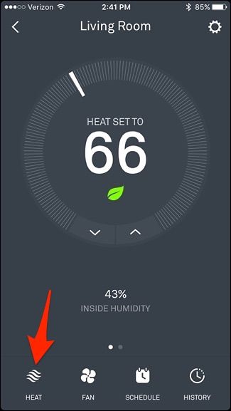 Меню выбора режима отопления/охлаждения в приложении Nest