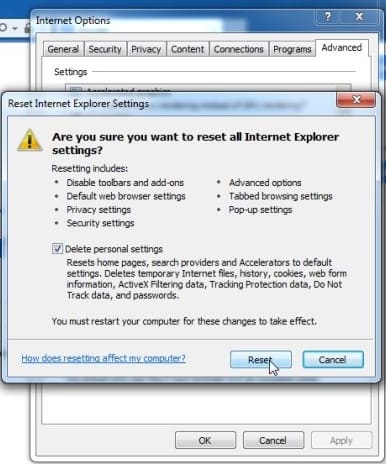 Сброс Internet Explorer через параметры Интернета