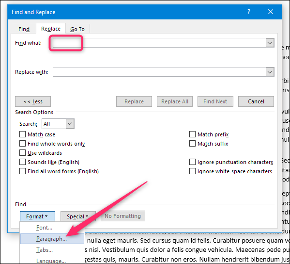 Выбор параметра 'Абзац' в меню 'Формат'