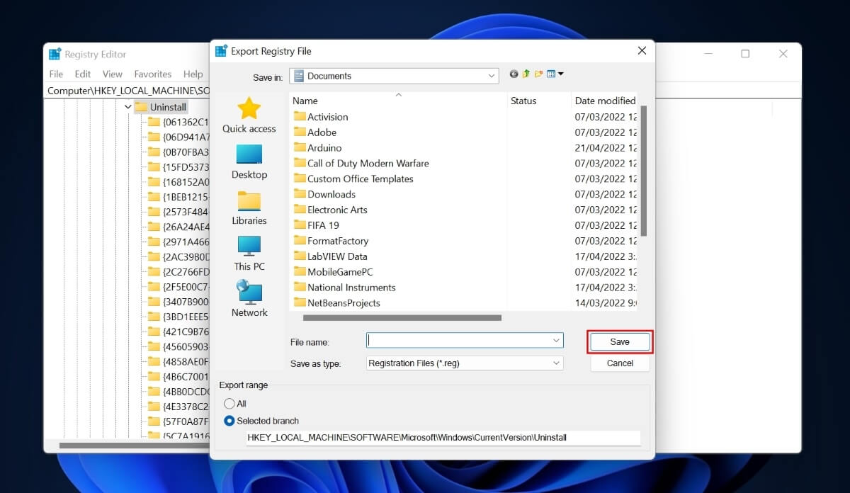 Выбор папки для сохранения резервной копии ключей реестра