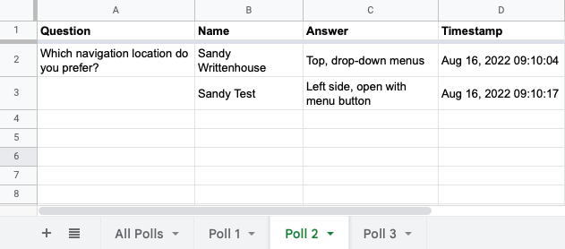 Отдельная вкладка с результатами одного опроса и временными метками