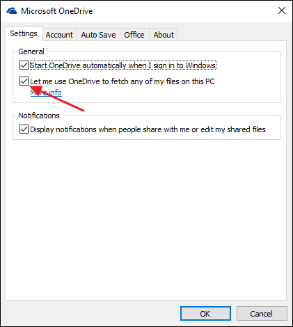 Окно с флажком для включения Fetch в OneDrive