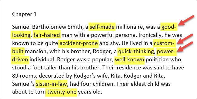 Word document showing breaking hyphens