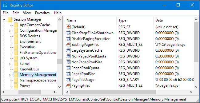 Путь к ключу Memory Management в реестре