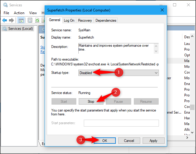 Кнопки управления службой: Stop и выбор типа запуска Disabled.