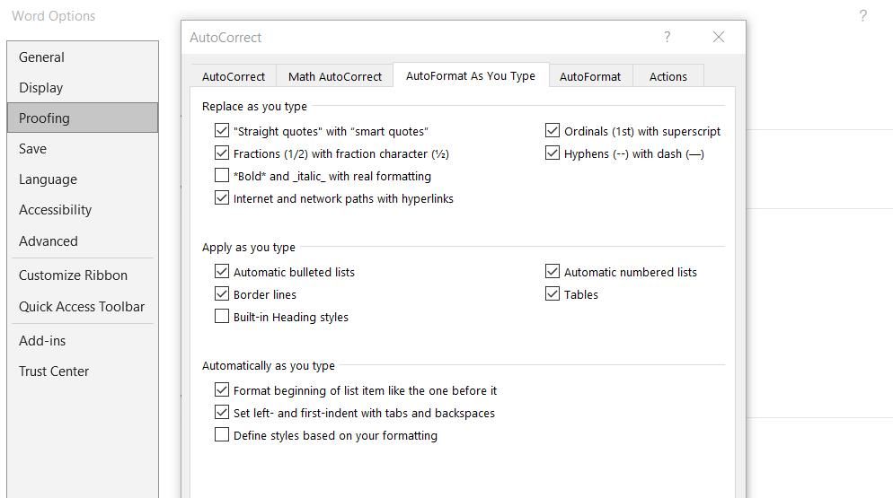 The AutoFormat As You Type tab