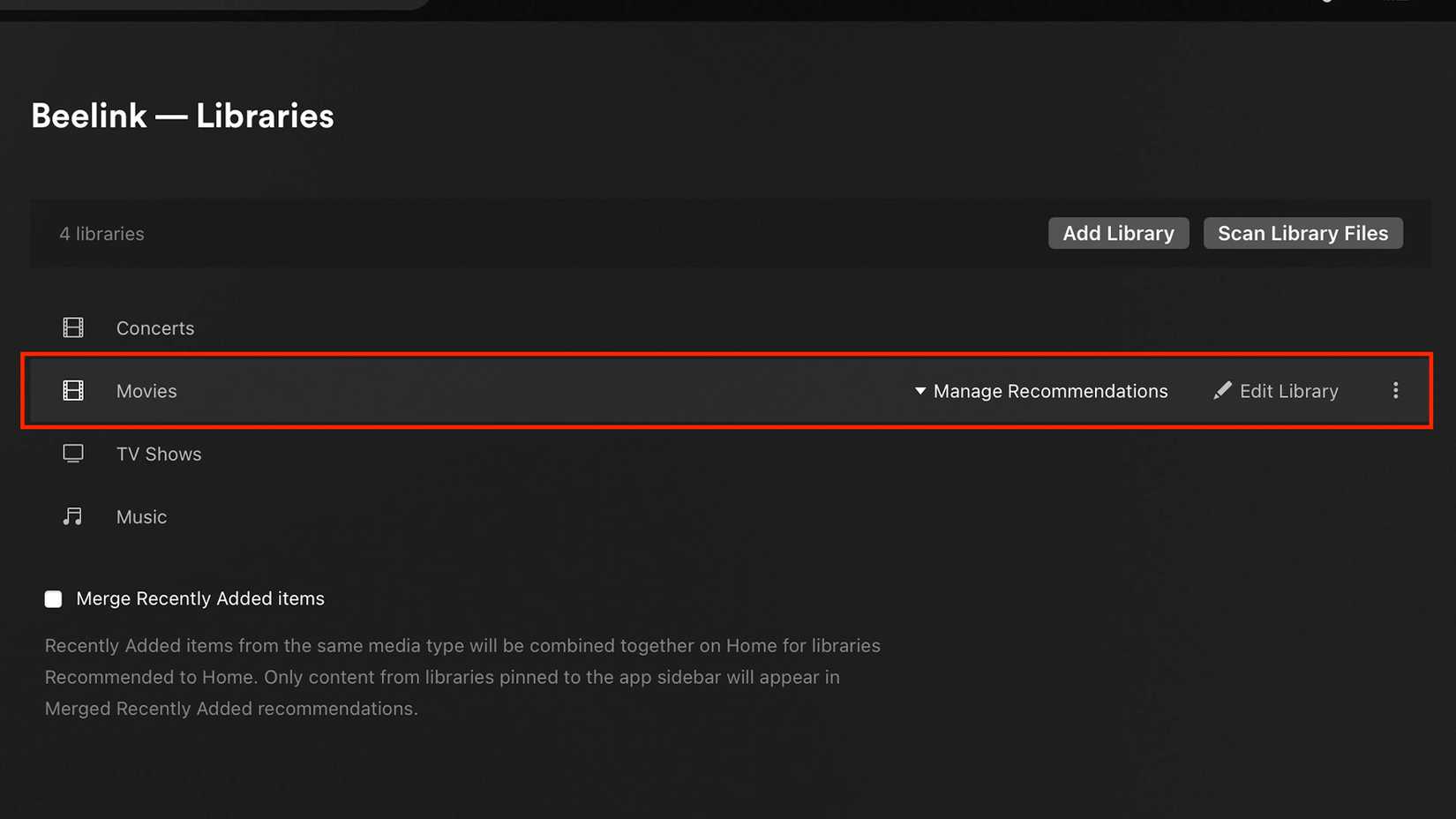 Выделение опции «Фильмы» в настройках библиотек Plex.