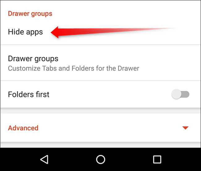 Скриншот: опция «Скрыть приложения» в настройках Nova