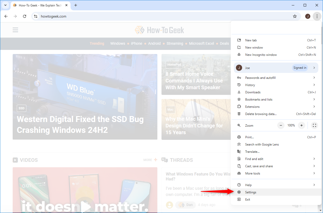 Пункт «Настройки» в меню Google Chrome на рабочем столе