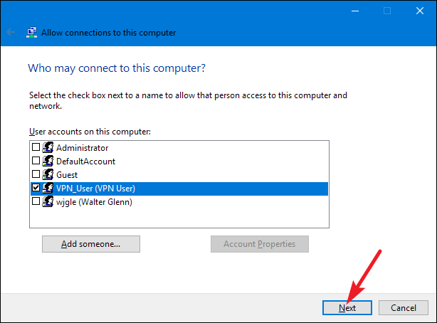 Выбор учётной записи для VPN‑подключения — рекомендуем отдельную ограниченную учётную запись