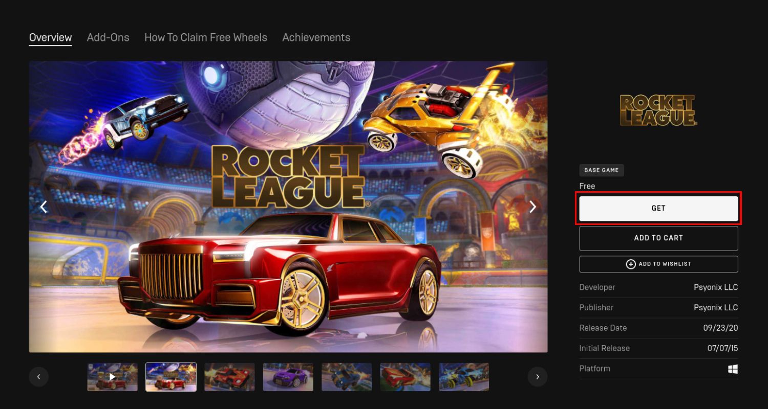 Страница Rocket League в Epic Games Store