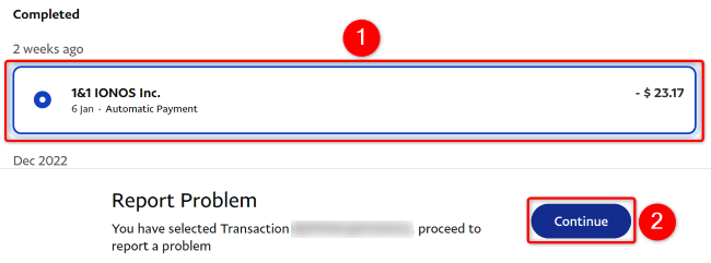 Выберите транзакцию и нажмите «Продолжить»