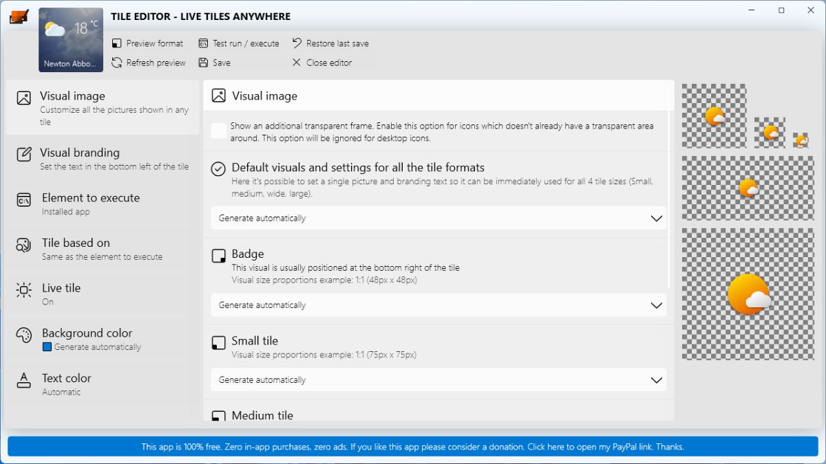 Редактирование плиток в приложении Live Tiles Anywhere