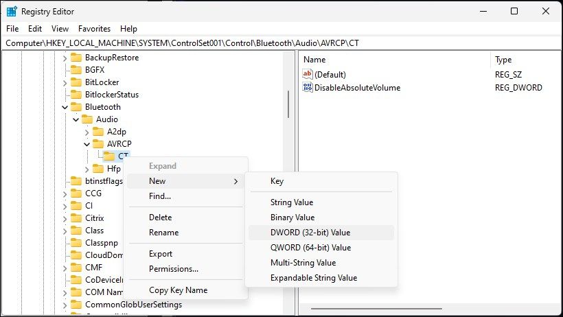 Создание нового значения DisableAbsoluteVolume в редакторе реестра