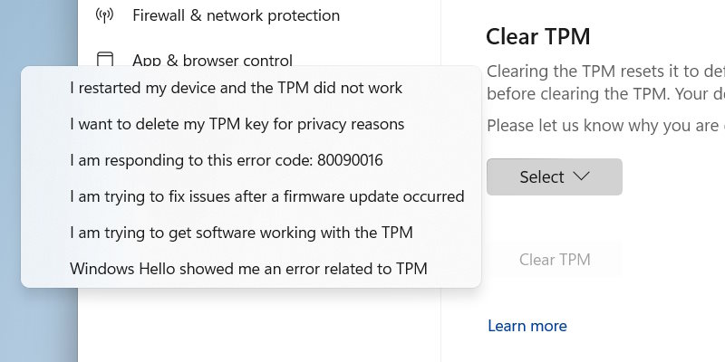 Выбор причины очистки TPM в Windows Security.
