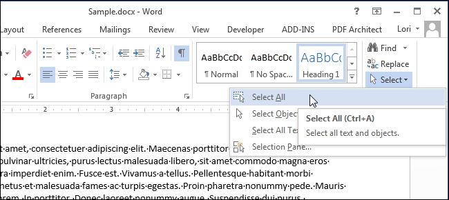 Выделение всего документа через меню Выделить