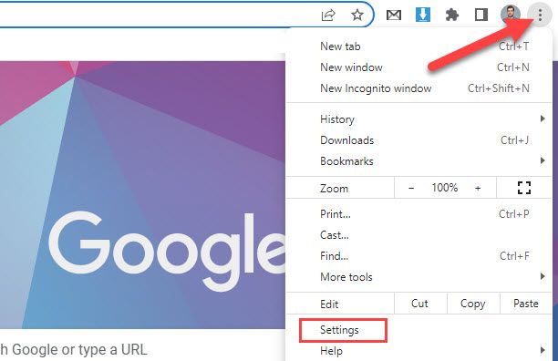 Выбор меню «Настройки» в Chrome