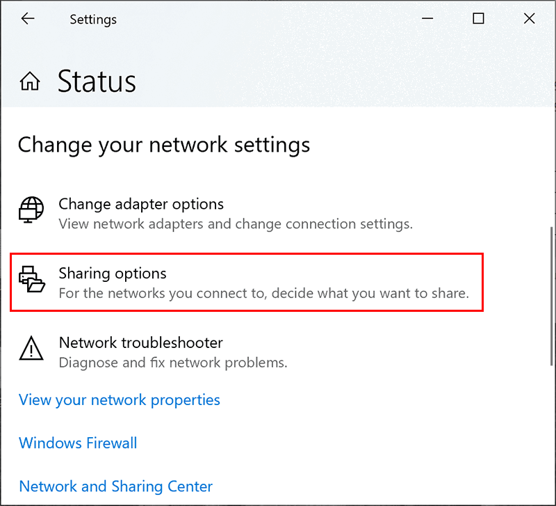 Меню сетевых параметров Windows