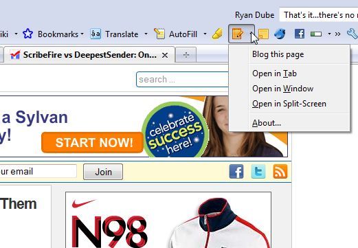 Кнопка ScribeFire и меню «Blog this page»