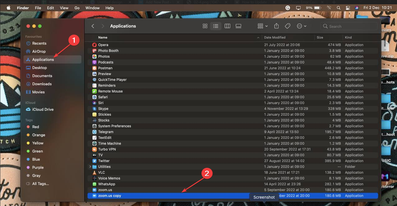 Finder: папка 'Applications' с приложением Zoom