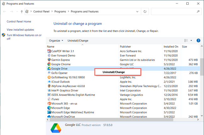 Окно Программы и компоненты с Google Drive