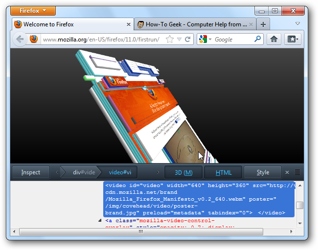 Élément sélectionné dans la vue 3D et panneau HTML/CSS