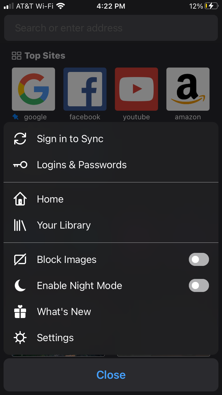 Доступ к настройкам Firefox в мобильном браузере