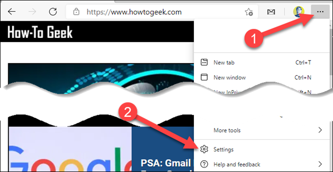 Меню Edge: откройте три точки и выберите Настройки