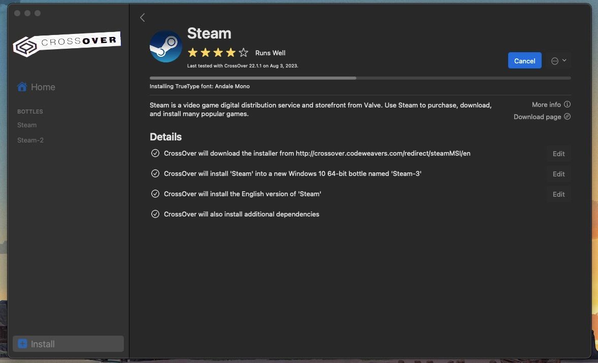 Страница информации о Steam внутри CrossOver