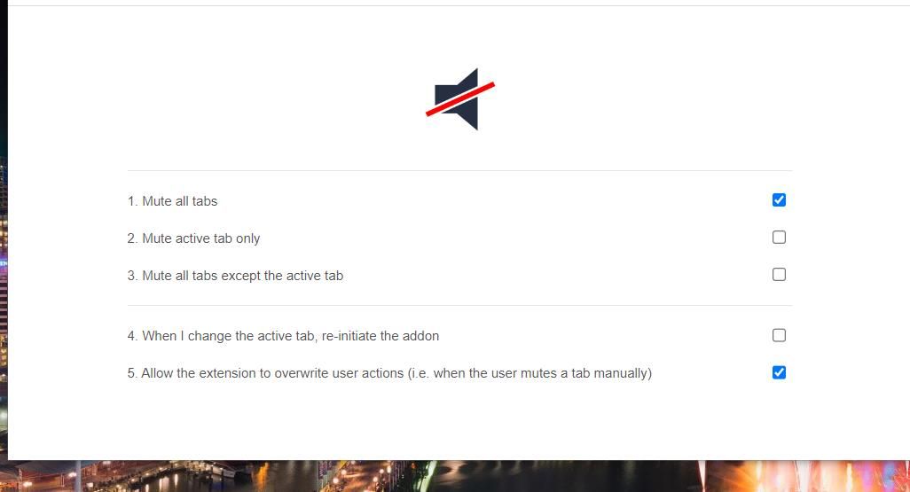 Настройки Mute Tab