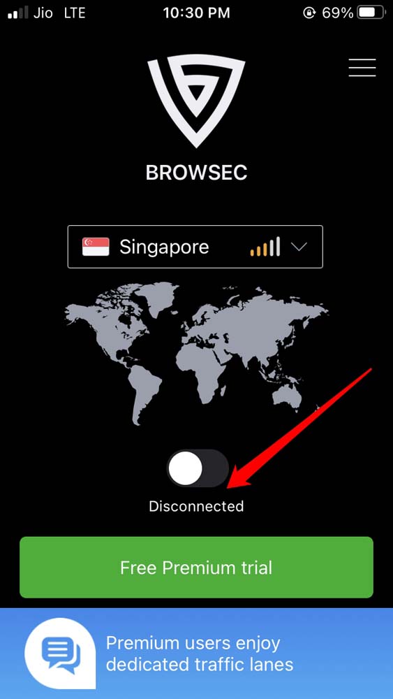 Отключение VPN в приложении на iOS