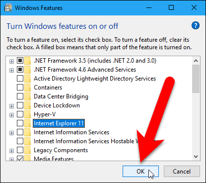 Кнопка 'ОК' в диалоге компонентов Windows.