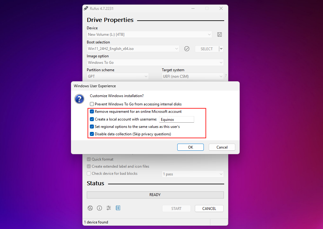 Отключение требований Windows 11 в Rufus при создании образа