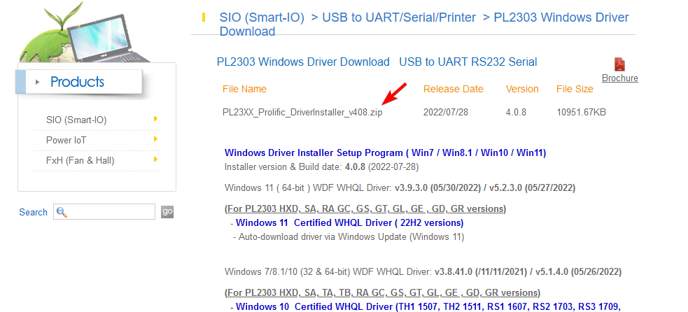 Сайт Prolific — страница загрузки драйвера PL2303