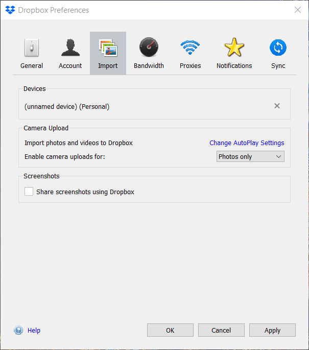 Scheda Importa nelle preferenze di Dropbox