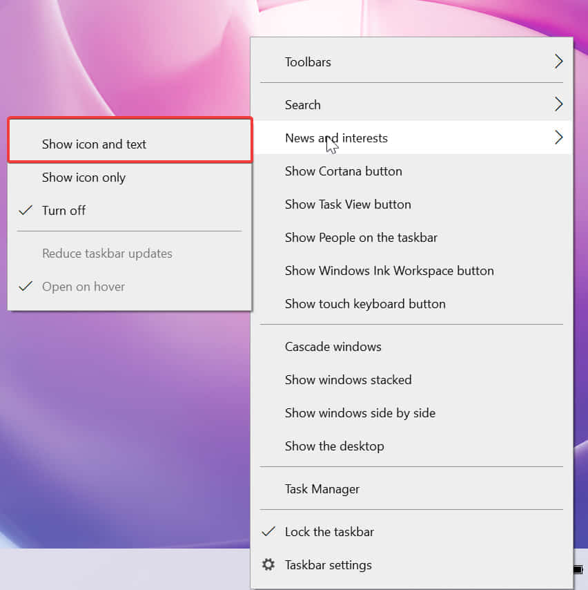 Параметр «Показать значок и текст» для отображения погоды на панели задач