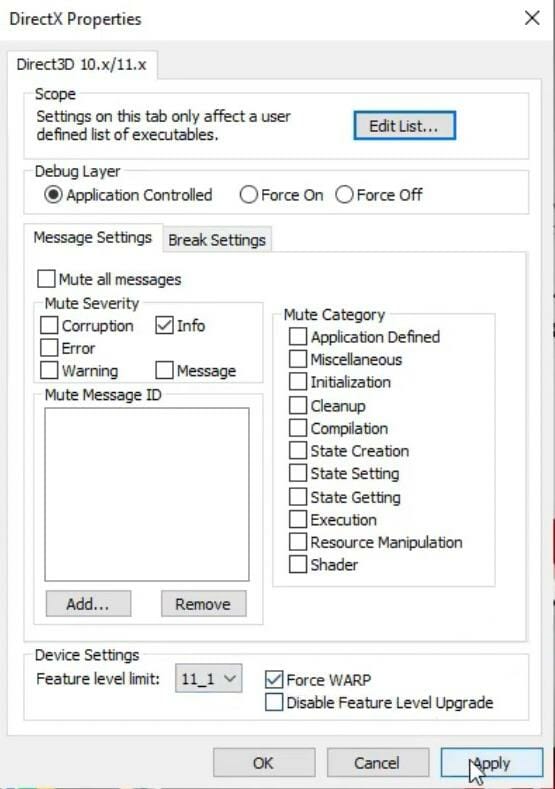 Параметр Force WARP в dxcpl — включённый переключатель