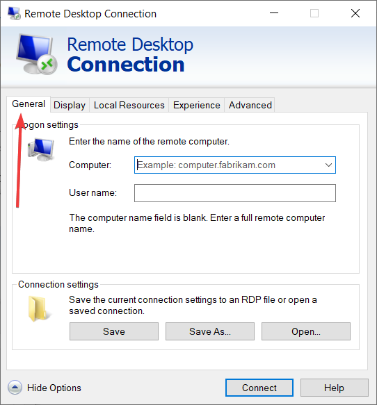 Вкладка Общие в Remote Desktop Connection