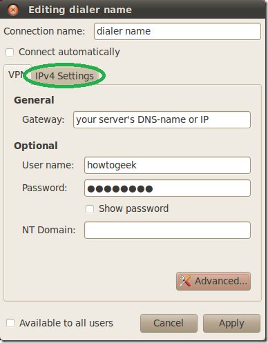 Вкладка Настройки IPv4