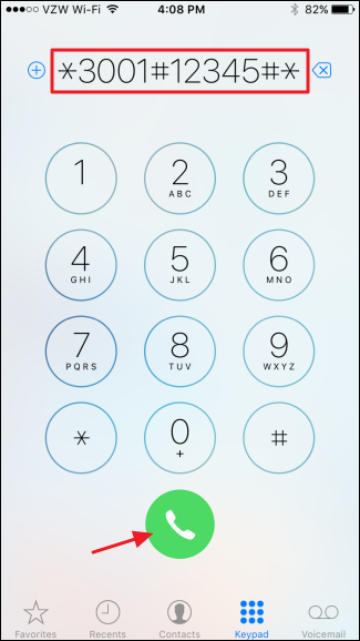 Ввод кода *3001#12345#* в приложении Телефон на iPhone