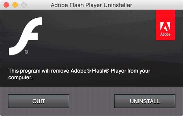 Pulsante Disinstalla mostrato nell'installatore di Flash