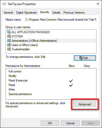 Кнопка Дополнительно в свойствах файла