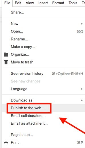 Menu Fichier > Publier sur le Web dans Google Docs