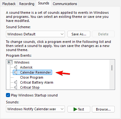Окно Звуки с программными событиями и списком звуков