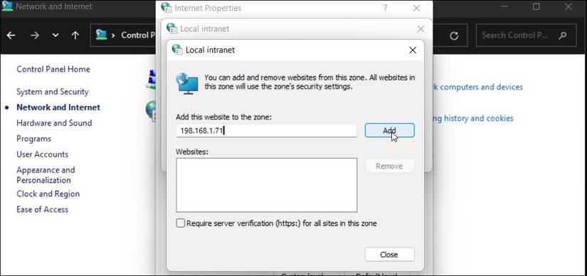 Диалог локальной интрасети в Windows 11